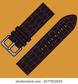 Dark brown crocodile leather watch strap with silver buckle on orange background. Flat design digital illustration. Luxury fashion accessory concept for design and print