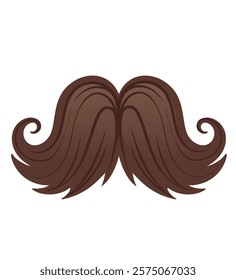 Dark brown curly mustache with thick detailing. Perfect for retro-themed visuals or barbershop branding. Vector illustration isolated on white background