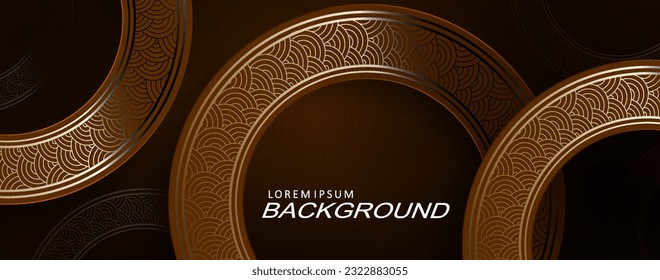 Dark brown design, round frames with gold border.