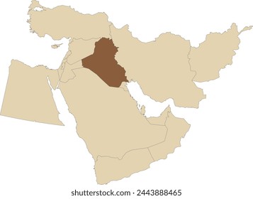 Marrón oscuro detallado mapa político en blanco de IRAQ con fronteras nacionales negras sobre fondo transparente usando proyección ortográfica del marrón claro de Oriente Medio