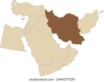 Marrón oscuro detallado mapa político en blanco de IRÁN con fronteras nacionales negras sobre fondo transparente usando proyección ortográfica del marrón claro de Oriente Medio