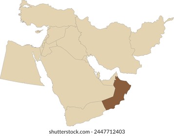 Marrón oscuro detallado mapa político en blanco de OMÁN con bordes negros sobre fondo transparente usando proyección ortográfica del marrón claro Oriente Medio