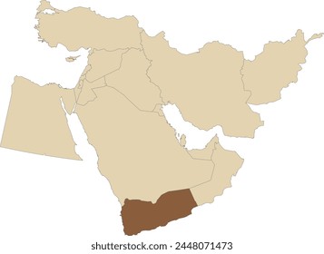 Mapa político en blanco detallado en marrón oscuro de YEMEN con fronteras negras sobre fondo transparente usando proyección ortográfica del marrón claro de Oriente Medio