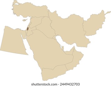 Dark brown detailed blank political map of PALESTINE with black borders on transparent background using orthographic projection of the light brown Middle East