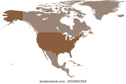 Mapa político en blanco detallado marrón oscuro de los Estados Unidos sobre fondo transparente usando proyección ortográfica del continente norteamericano marrón claro