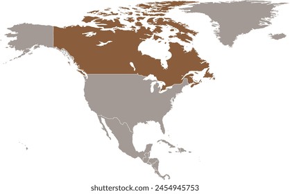 Mapa político en blanco detallado marrón oscuro de CANADÁ sobre fondo transparente usando proyección ortográfica del continente norteamericano marrón claro