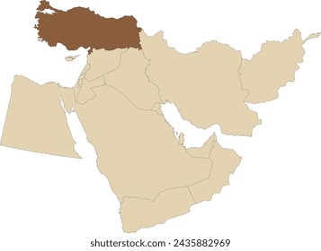 Mapa político en blanco CMYK detallado en marrón oscuro de TURQUÍA (TÜRKIYE) con fronteras nacionales negras sobre fondo transparente usando proyección ortográfica del marrón claro de Oriente Medio