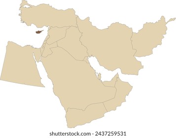 Marrón oscuro detallado CMYK mapa político en blanco de CHIPRE con la bandera y las etiquetas con el nombre, fronteras nacionales negras sobre fondo transparente usando proyección ortográfica del marrón claro Oriente Medio