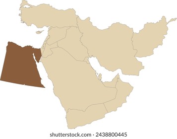 Marrón oscuro detallado Mapa político en blanco CMYK de EGIPTO con fronteras nacionales negras sobre fondo transparente usando proyección ortográfica del marrón claro de Oriente Medio