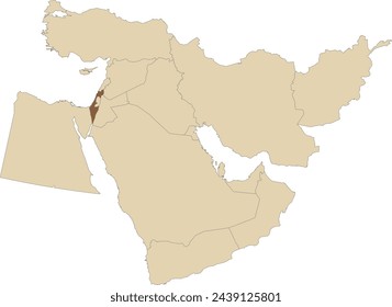 Mapa político en blanco CMYK detallado en marrón oscuro de ISRAEL con fronteras nacionales negras sobre fondo transparente usando proyección ortográfica del marrón claro de Oriente Medio