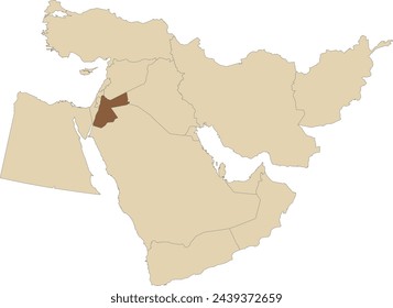 Mapa político en blanco CMYK detallado en marrón oscuro de JORDANIA con fronteras nacionales negras sobre fondo transparente usando proyección ortográfica del marrón claro de Oriente Medio