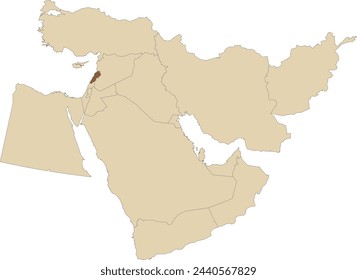 Mapa político en blanco CMYK detallado en marrón oscuro del LÍBANO con fronteras nacionales negras sobre fondo transparente usando proyección ortográfica del marrón claro de Oriente Medio