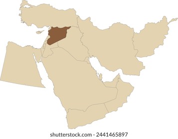 Dark brown detailed CMYK blank political map of SYRIA with black national country borders on transparent background using orthographic projection of the light brown Middle East