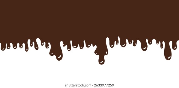 Dark brown doodle melting liquid substance border isolated on white background. Vector cute sweet melt milk chocolate illustration for advertising banner design, cream surface, sauce poster