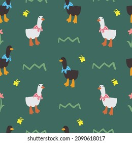 Dark Brown Duck and White Duck in the Garden Seamless Pattern, Farm Animals Wallpaper, Background for Kids and Children, Cute Birds, Goose