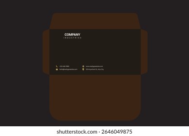 Dark Brown Envelope Silhouette with Black Company Industries Contact Information Gold Icons