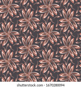 Dark brown floral daisy background. Seamless retro bloom vector pattern. Stylized drawn vintage flower texture background. 1970s trendy fashion or home decor swatch. Decorative muted all over print.