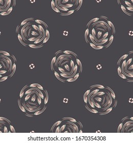 Dunkelbrauner floraler, dunkler Hintergrund. Nahtlose Retro-Blüte Vektorillustration Muster. Stilvoll gezeichneter Vintage-Blumenhintergrund. Die Mode und die Innendekoration der 70er Jahre sind modern. Dekorativ mutierte überall auf Druck.