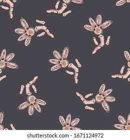 Dark brown floral daisy background. Seamless retro bloom vector pattern. Stylized doodle drawn flower texture background. 1970s trendy fashion or home decor swatch. Decorative muted all over print.