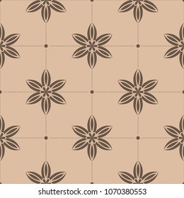 Dark brown floral ornament on beige background. Seamless pattern for textile and wallpapers
