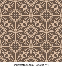 Dark brown floral ornament on beige background. Seamless pattern for textile and wallpapers