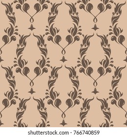 Dark brown floral ornament on beige background. Seamless pattern for textile and wallpapers