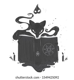 Dark brown fox sits down in a big magic book with septa star. Vector modern illustration for print in a t-shirt. Black color and sketch drew style
