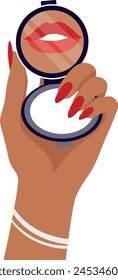 A dark brown girl holds a pocket mirror in her hand that reflects her red lips