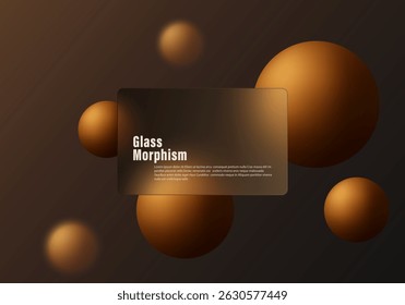 Dark brown glass morphism background with golden spheres and frosted panel