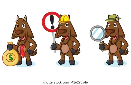 Dark Brown Goat Mascot with sign, money and tools