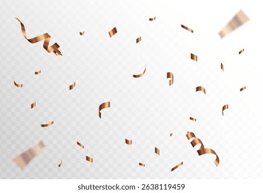 Dark brown and gold Confetti explosion on transparent background. Pieces of shiny gold paper flying and spreading. rotating. vector illustration. EPS 10
