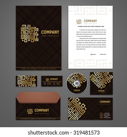 Dark Brown With Gold Identity Solutions With Texture For Corporate Or Business Which Includes CD Cover, Business Card, Letter Head Designs. All In EPS10