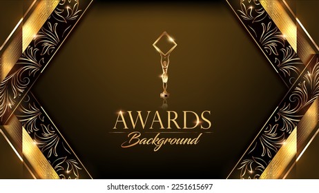 Dark Brown Golden Royal Awards Grafik Hintergrund. Seitliche Corner Floral Lines Elegantes Shine Modern Template. Luxus Premium Corporate Template Banner Zertifikat Hochzeit und Ehe Card Design.