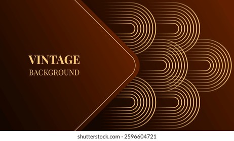 Dark brown gradient abstract background with gold wavy lines design. Vintage geometric pattern. Retro poster or web banner template. Blended lines	
