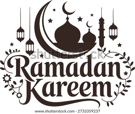 A dark brown graphic design that says "Ramadan Kareem" in elegant script. The design features Islamic motifs such as a crescent moon, mosque domes, and a minaret. Decorative elements like hanging lanterns, stars, and floral branches frame the text, creating a festive and sacred atmosphere suitable for Ramadan celebrations.