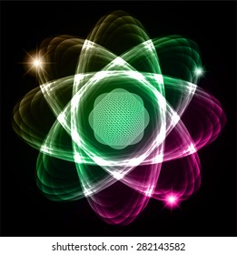 Dark brown green purple Shining atom scheme. Vector illustration. dark background. digital. infographics. Abstract Technology background for computer graphic website internet and business. circuit.
