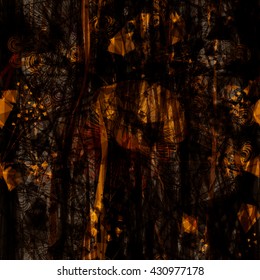 Dark brown grunge background. Spots, scratches, streaks, wavy strips, thin straight lines, triangular elements, stylized feathers. Abstract seamless vector pattern.