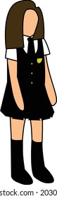 Dark brown haired scholar girl in a black dress with black tie white short-sleeved shirt in black knee socks isolated on white vector drawing