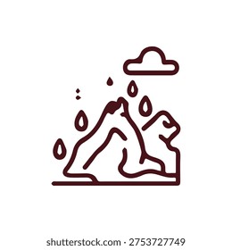 Dark brown line icon on a white background showing rain over mountains. A minimal symbol for weather, climate change, precipitation, and landscapes.
