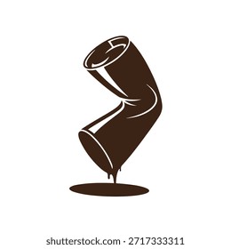 Um líquido marrom escuro parece estar vazando e torcendo em um design abstrato criativo, com uma pequena poça formando-se na base, colocada contra um fundo branco limpo e simples.
