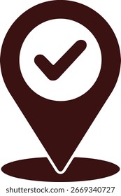 Pin de ubicación marrón oscuro con el símbolo de marca de verificación que representa la Aprobación, la confirmación y la Ilustración vectorial de destino sobre fondo blanco