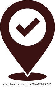 Pin de ubicación marrón oscuro con el símbolo de marca de verificación que representa la Aprobación, la confirmación y la Ilustración vectorial de destino sobre fondo blanco