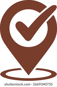 Dark brown location pin with check mark symbol representing approval, confirmation and destination vector illustration on white background