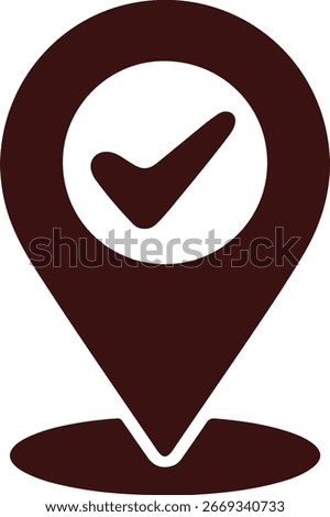 Dark brown location pin with check mark symbol representing approval, confirmation and destination vector illustration on white background