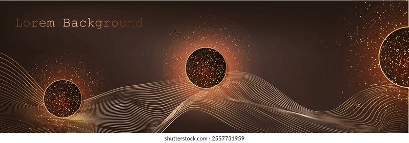 dark brown luxury background with golden circles and glitter lines. vector illustration.Gold wave with lines. Linear geometric Art deco bricks. 20s retro style.
