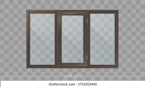 Dunkelbraunes Metall-Kunststoff-Fenster mit transparenter Brille. Modernes Fenster in einem realistischen Stil. Vektorgrafik.