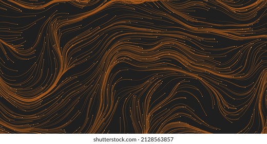 Dark Brown Moving, Flowing Particles in Curving, Arborescent Lines, Striped Pattern - Digitally Generated Dark Futuristic Abstract Geometric Background Design in Editable Vector Format