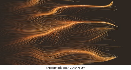 Dark Brown Moving, Flowing, Stream of Particles in Curving, Wavy Lines - Digitally Generated Dark Futuristic Abstract 3D Geometric Background Design, Generative Art in Editable Vector Format