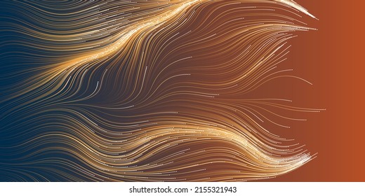 Dark Brown Moving, Flowing, Stream of Particles in Curving, Wavy Lines - Digitally Generated Dark Futuristic Abstract 3D Geometric Background Design, Generative Art in Editable Vector Format