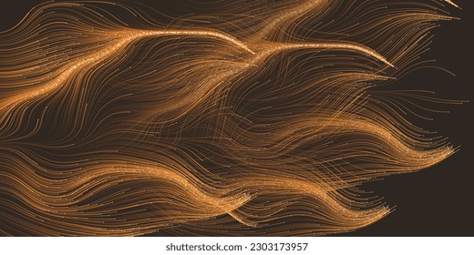 Dark Brown Moving, Flowing, Stream of Particles in Curving, Wavy Lines - Digitally Generated Dark Futuristic Abstract 3D Geometric Background Design, Generative Art in Editable Vector Format